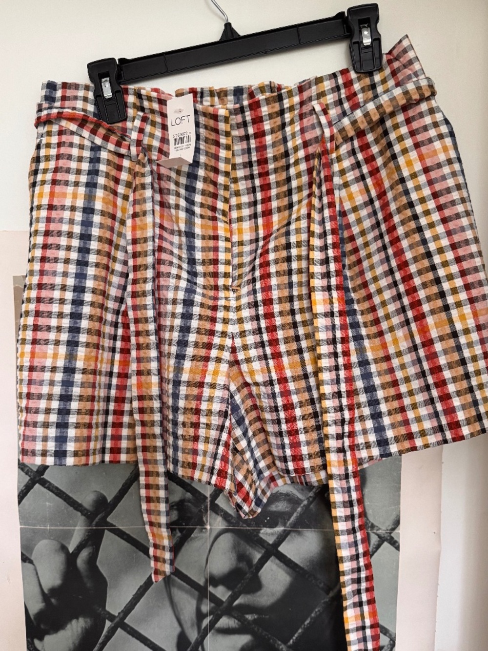 NWT LOFT Plaid Seersucker Paperbag Belted Shorts Size L